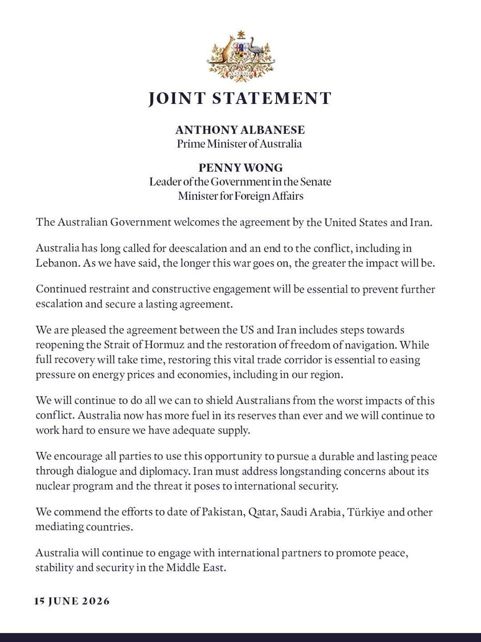 Australian Government Responds to US–Iran Agreement
